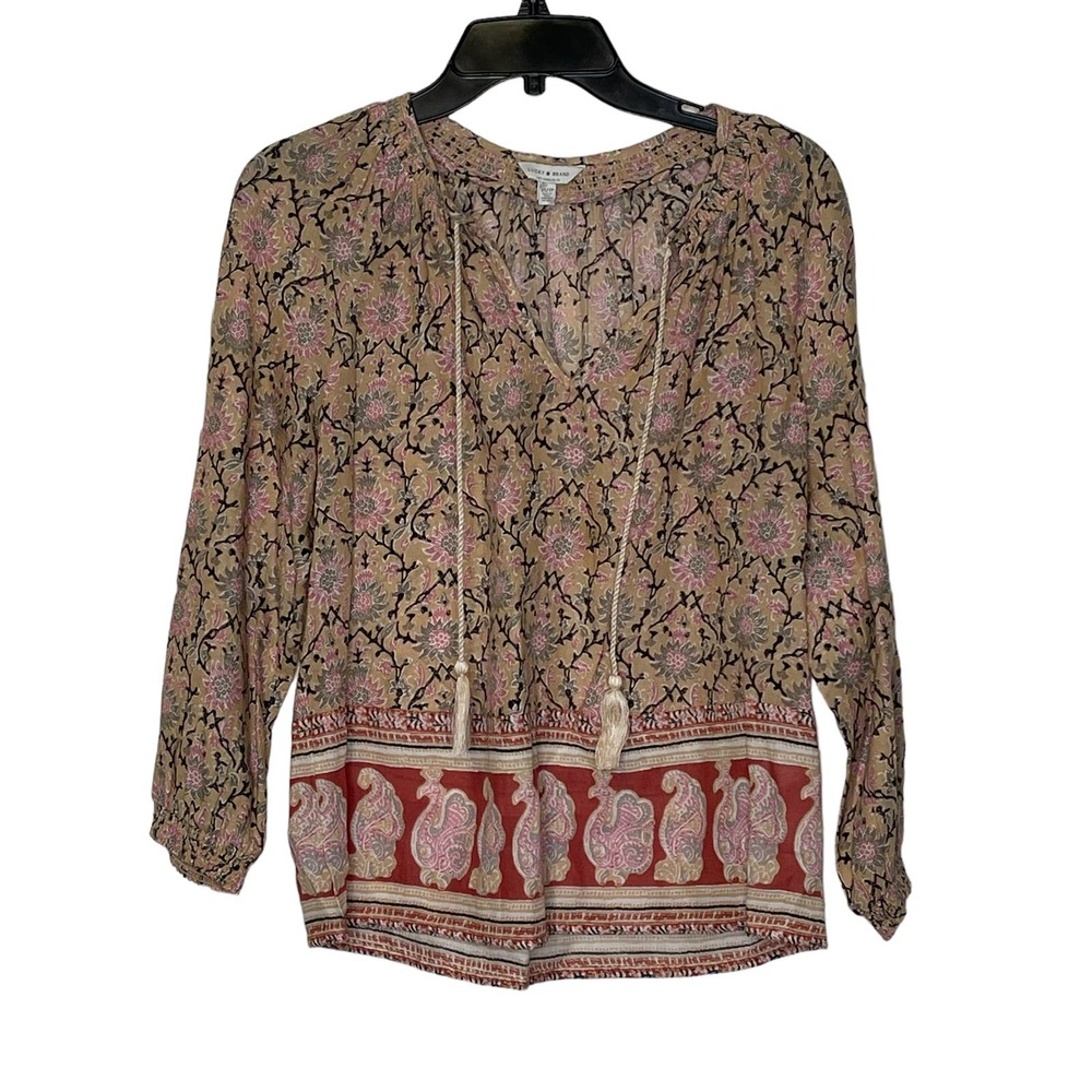 Lucky Brand Blouse Size XS Tan Multi Color Floral‎ Tassels Womens LS 100% Cotton